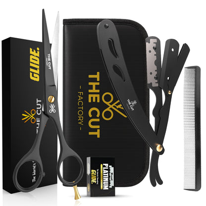 The Cut Factory® Hair Scissors & Hair Cutting Scissors - 6.5” Matte Black Professional Barber Shears with Micro-Serrated Blade, Gift Box & Leather Pouch