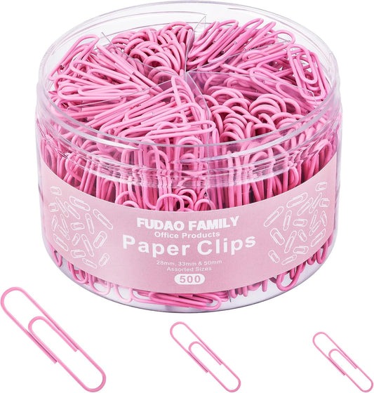FUDAO FAMILY 500pcs Paper Clips Assorted Sizes, Small, Medium and Large（1.1inch, 1.3inch and 2inch Paper Clips, Vinyl Coated Paperclips for Office, School, Home Supplies (Pink)