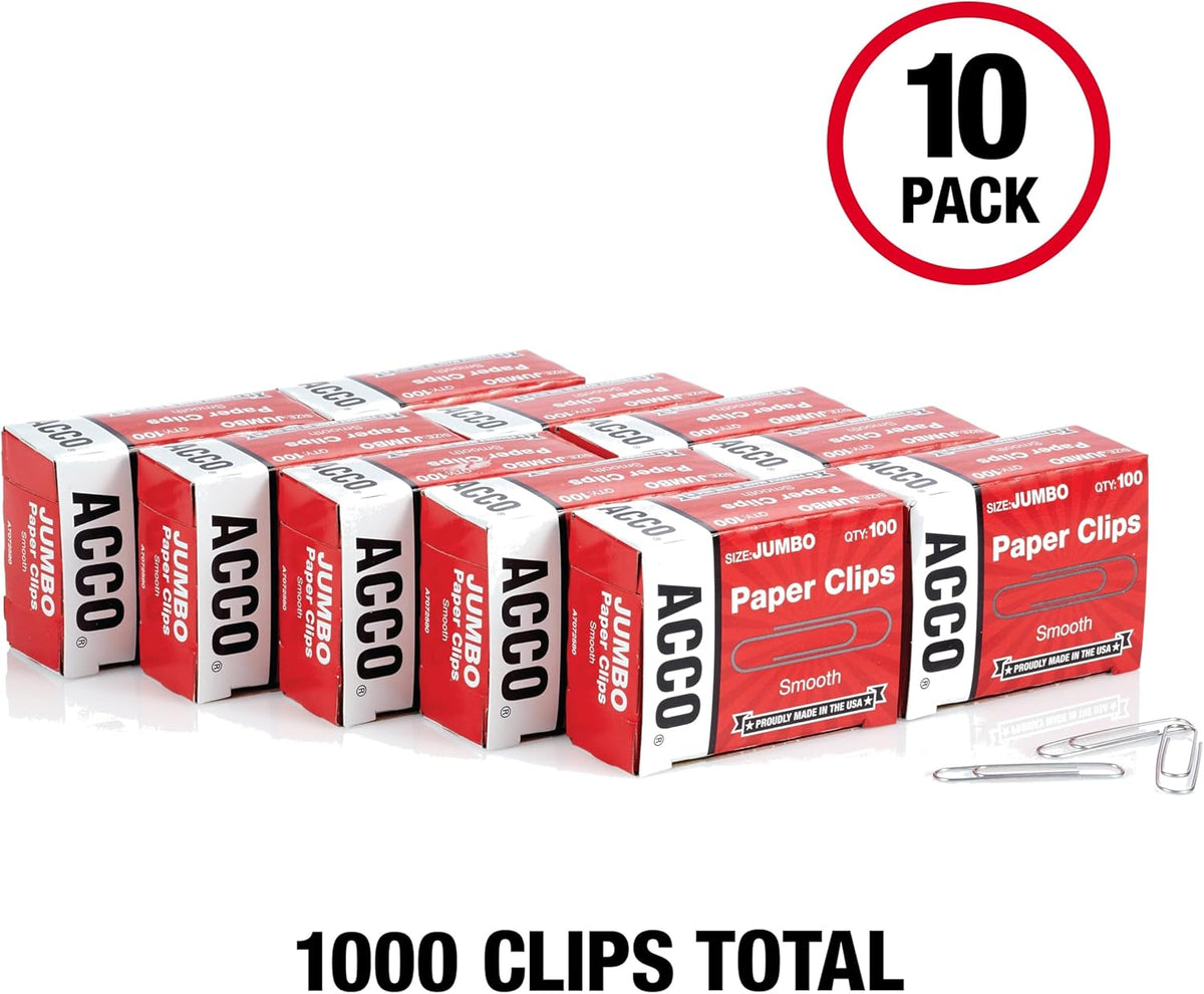ACCO Brands Paper Clips, Jumbo, Smooth, Economy, 10 Boxes, 100/Box (72580)