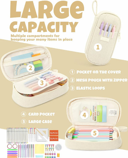 SUNEE Cute Pencil Case, Large Pencil Pouch, Aesthetic Big Pencil Bag with Zipper, Kawaii Stationery Storage and Organizer, School Supplies for Teen and Adult, Boys&Girls, Soft Corduroy Warm Beige