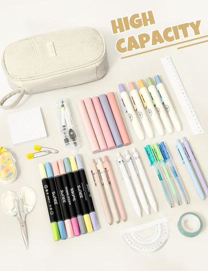 SUNEE Cute Pencil Case, Large Pencil Pouch, Aesthetic Big Pencil Bag with Zipper, Kawaii Stationery Storage and Organizer, School Supplies for Teen and Adult, Boys&Girls, Soft Corduroy Warm Beige
