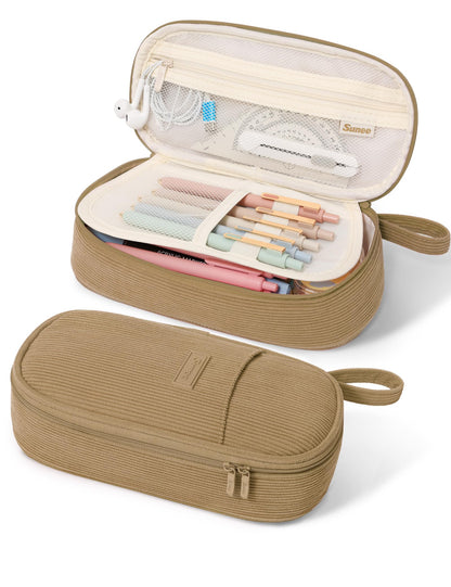 SUNEE Cute Pencil Case, Large Pencil Pouch, Aesthetic Big Pencil Bag with Zipper, Kawaii Stationery Storage and Organizer, School Supplies for Teen and Adult, Boys&Girls, Soft Corduroy Warm Beige