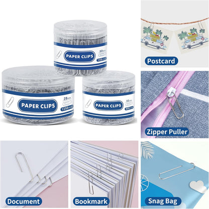 1800 Paper Clips Assorted Sizes, Small Medium Large, 3 Storage Containers