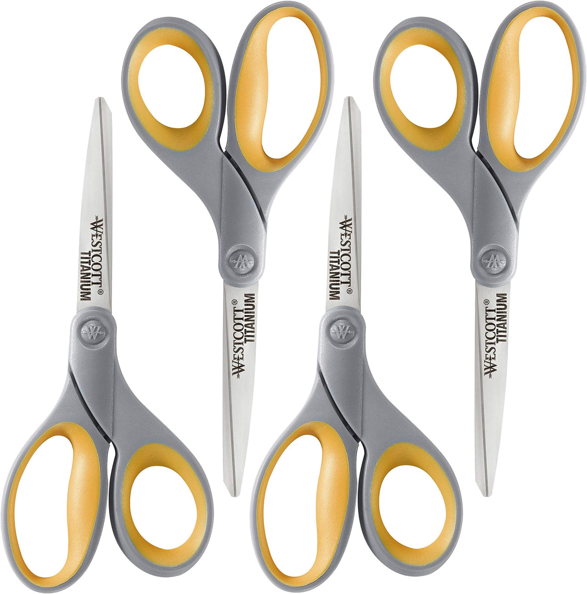 Westcott 8-Inch Titanium Bonded Scissors for Home, Office, and Classroom - Perfect for Cutting Paper, Sewing, and Crafts - Heavy-Duty Design with Soft Handle - Gray/Yellow - 4-Pack