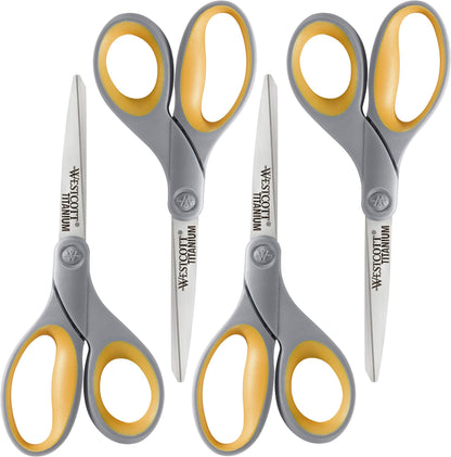 Westcott 8-Inch Titanium Bonded Scissors for Home, Office, and Classroom - Perfect for Cutting Paper, Sewing, and Crafts - Heavy-Duty Design with Soft Handle - Gray/Yellow - 4-Pack