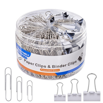 FUDAO FAMILY Paper Clips & Binder Clips, 340 PCS Assorted Sizes, Silver & Black, Metal, Medium, Large, Small