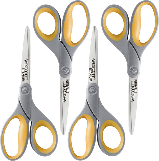 Westcott 8-Inch Titanium Bonded Scissors for Home, Office, and Classroom - Perfect for Cutting Paper, Sewing, and Crafts - Heavy-Duty Design with Soft Handle - Gray/Yellow - 4-Pack