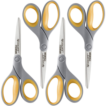Westcott 8-Inch Titanium Bonded Scissors for Home, Office, and Classroom - Perfect for Cutting Paper, Sewing, and Crafts - Heavy-Duty Design with Soft Handle - Gray/Yellow - 4-Pack