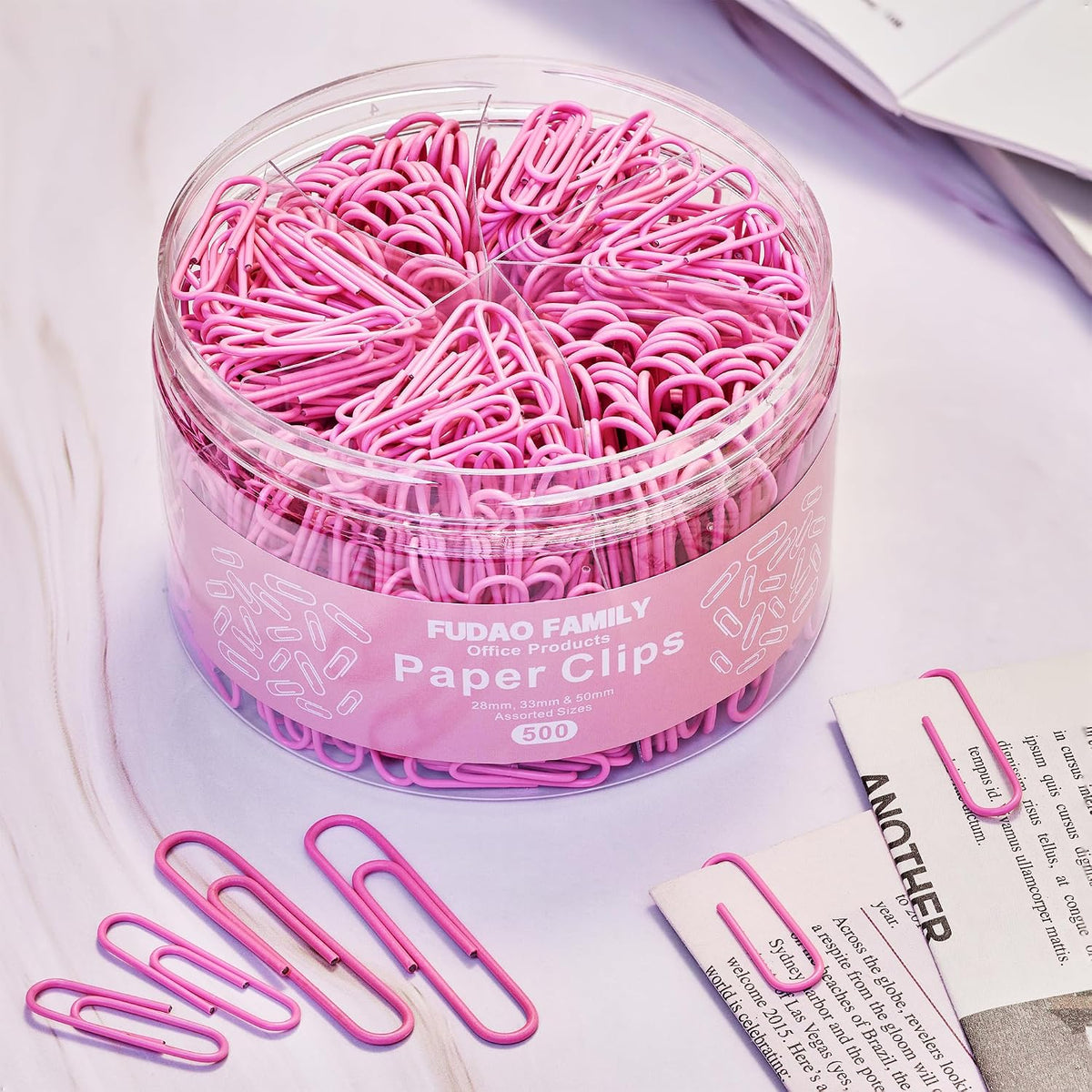 FUDAO FAMILY 500pcs Paper Clips Assorted Sizes, Small, Medium and Large（1.1inch, 1.3inch and 2inch Paper Clips, Vinyl Coated Paperclips for Office, School, Home Supplies (Pink)