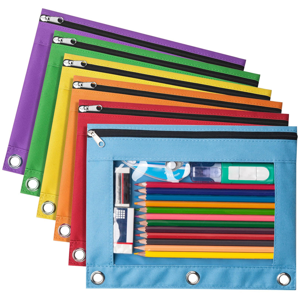 Forvencer 6 Pack Pencil Pouches for 3 Ring Binder, Smooth Zipper Pencil Bag
