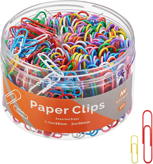 NEEWAY 450pcs Paper Clips Assorted Sizes, Small and Large Paper Clips (1.1 inch, 2 inch), Coated Paperclips for Office School Document Organizing (Multicolor)