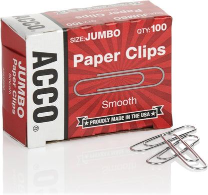 ACCO Brands Paper Clips, Jumbo, Smooth, Economy, 10 Boxes, 100/Box (72580)