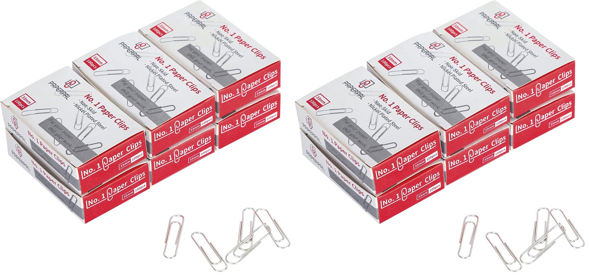 PAPERPAL Paperclips for Office School & Personal Use, #1 Nonskid Paper Clip (1-2/7"), 2000 Medium Paper Clips (20 Boxes of 100 Each), Silver