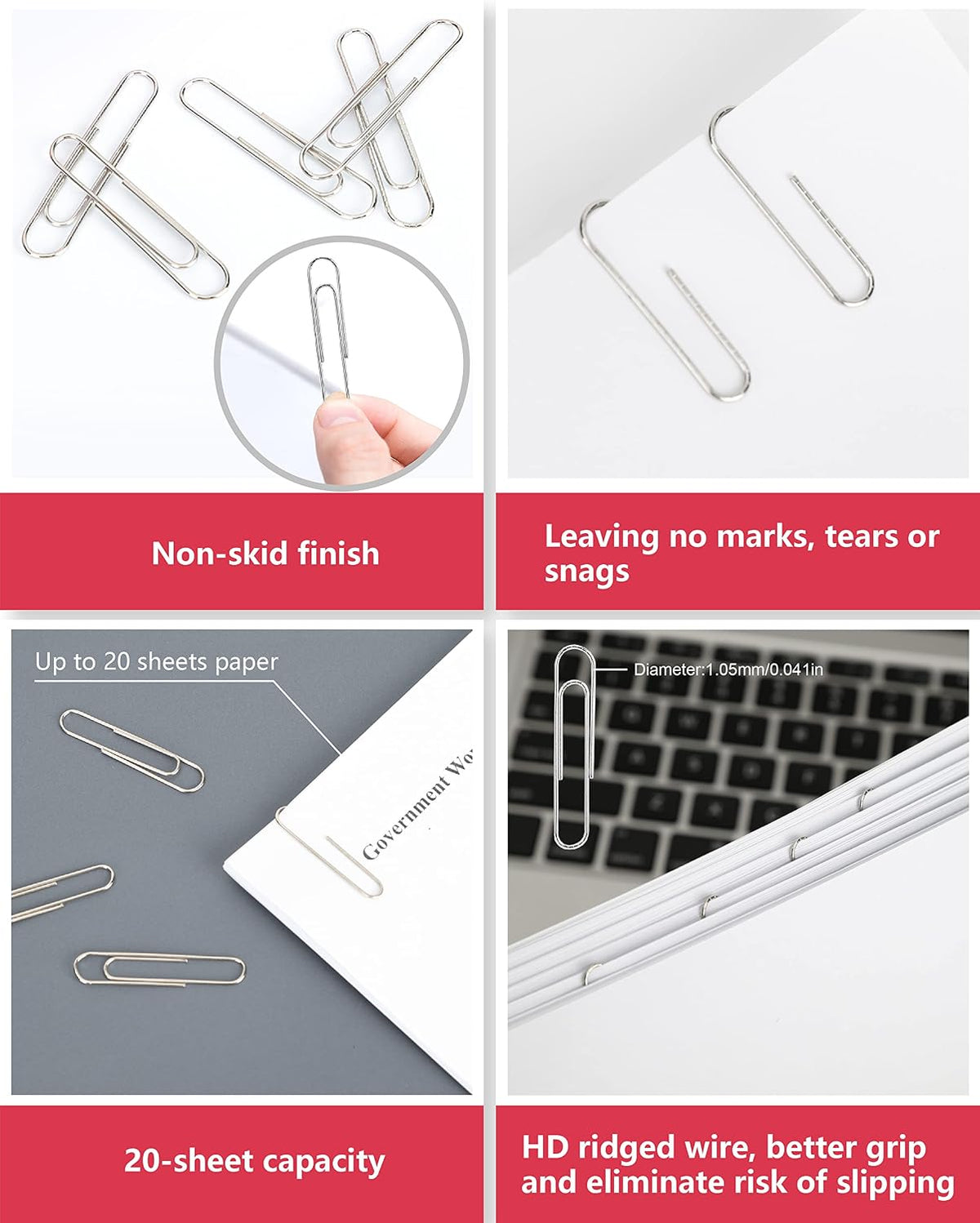 PAPERPAL Jumbo Non-Skid Paper Clips, 2 Inch (50 mm), 300 Count, Silver