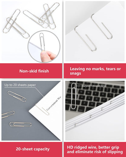 PAPERPAL Jumbo Non-Skid Paper Clips, 2 Inch (50 mm), 300 Count, Silver