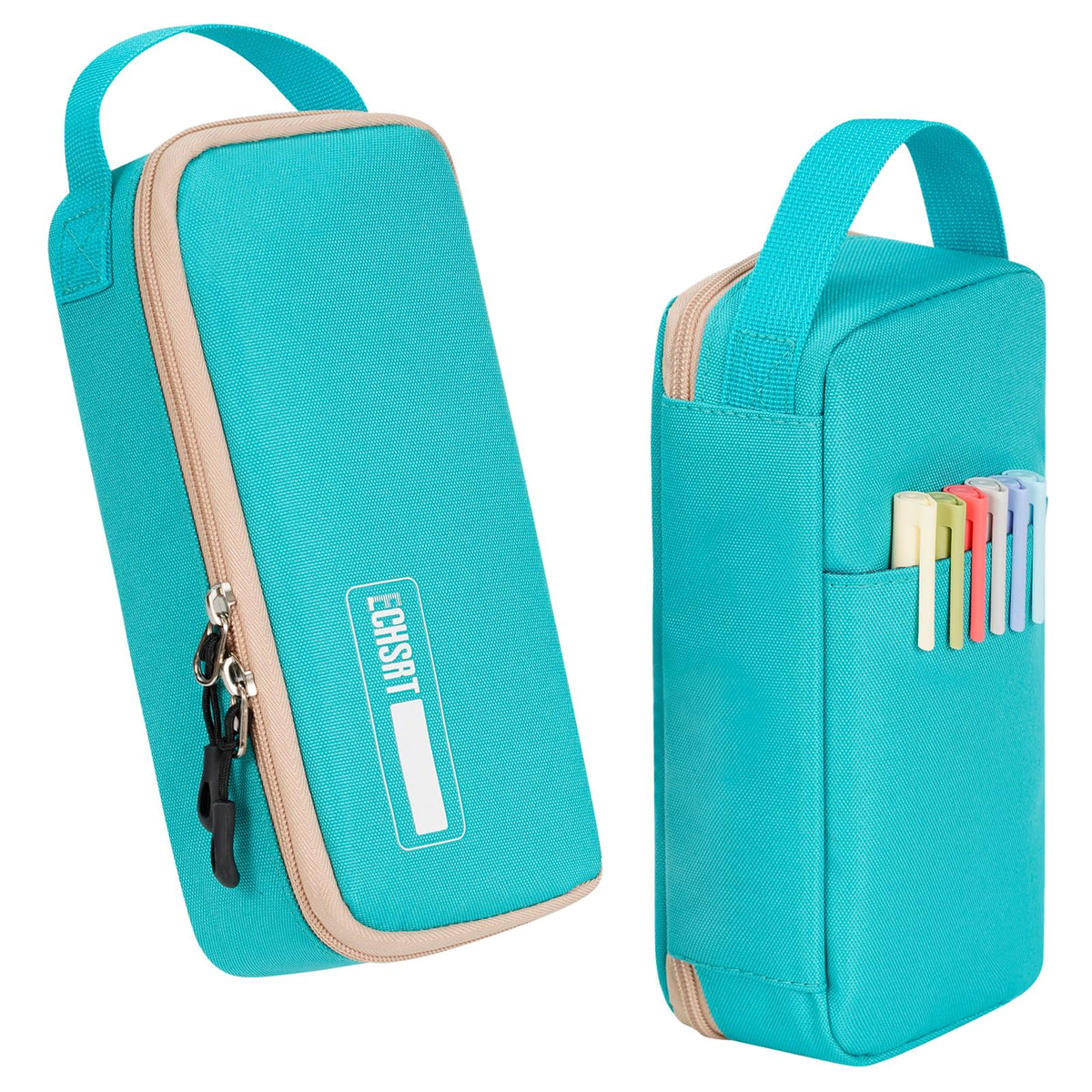 ECHSRT Large Capacity Pencil Case with Hidden Pocket, 1200D Oxford Fabric Zipper Pencil Pouch with Handle, Multi-Pocket Stationery Organizer for Office, College, Travel and Daily Carry, Beige