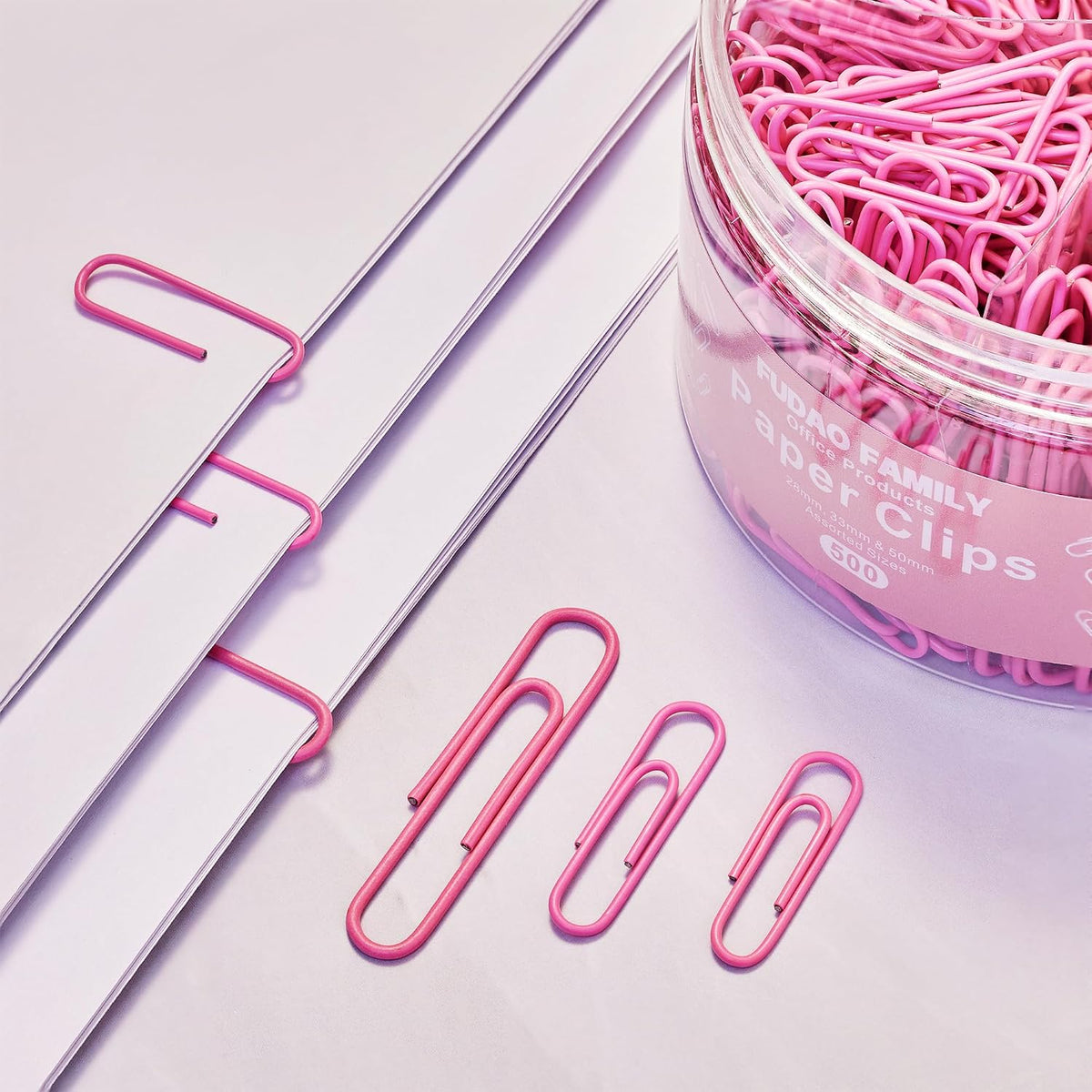 FUDAO FAMILY 500pcs Paper Clips Assorted Sizes, Small, Medium and Large（1.1inch, 1.3inch and 2inch Paper Clips, Vinyl Coated Paperclips for Office, School, Home Supplies (Pink)