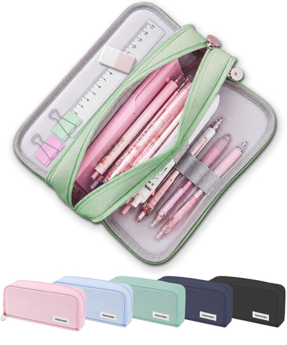 FAHZON Cute Pencil Case, 3 Large Compartments Pencil Pouch, Elastic Pen Slots&Mesh Pockets for Stationery, Pencil Bag for School Supplies with Zipper for Girls Boy Women Teens Adults-Pink