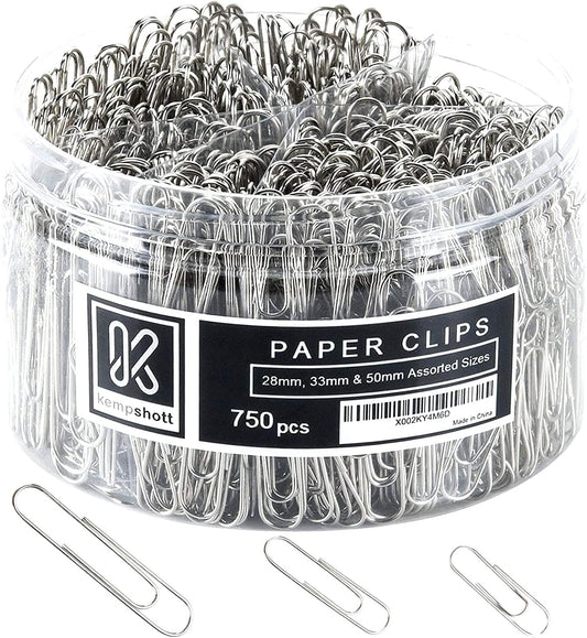 Kempshott 750 Paper Clips Assorted Sizes Small, Medium and Large Paper Clips for Paperwork Ideal for Home, School and Office Use (Assorted, Silver)
