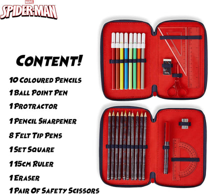 Marvel Pencil Case with Stationery Included School Supplies Filled Large Pencil Case Multiple Compartments Colouring Pencils Pens Boys Stationery Set Gifts for Boys (Spiderman Double Zip)