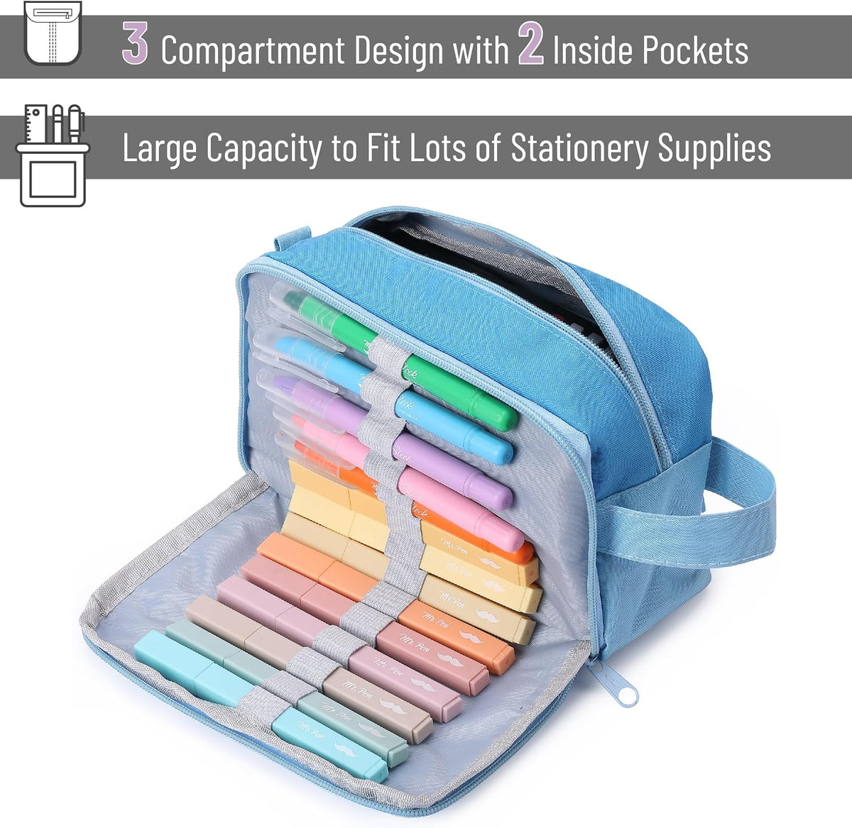 Mr. Pen- High Capacity Pencil Case, Large Pencil Pouch with 3 Compartments and 2 Pockets, Large Pencil Bag with Smooth Zipper, Cute Pencil Case Pouch Organizer, School Supplies for Teens
