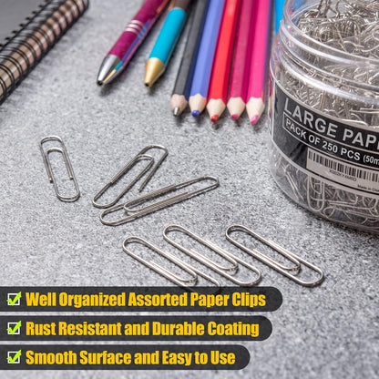 Kempshott 250 Large Paper Clips Smooth, Jumbo Paper Clips for Paperwork Ideal for Home, School and Office Use (Large, Silver)
