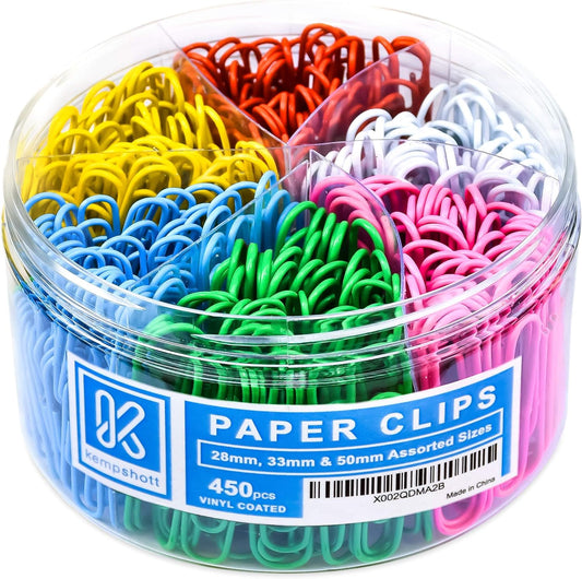 Kempshott 450 Color Paper Clips Assorted Sizes Small, Medium and Large Paper Clips for Paperwork Ideal for Home, School and Office Use (Assorted, Multicolored)