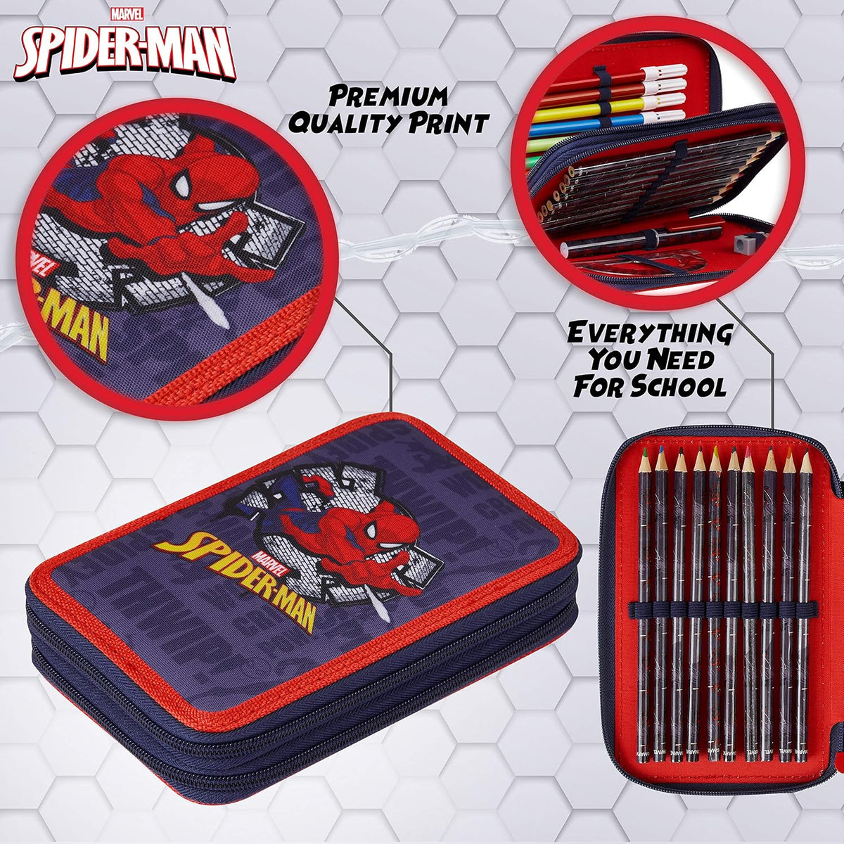 Marvel Pencil Case with Stationery Included School Supplies Filled Large Pencil Case Multiple Compartments Colouring Pencils Pens Boys Stationery Set Gifts for Boys (Spiderman Double Zip)