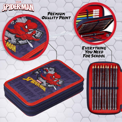 Marvel Pencil Case with Stationery Included School Supplies Filled Large Pencil Case Multiple Compartments Colouring Pencils Pens Boys Stationery Set Gifts for Boys (Spiderman Double Zip)