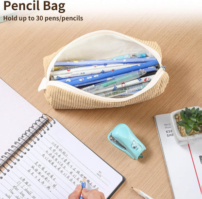 Soft Corduroy Pencil Case Pouch - Small Stationery Pen Bag Apricot