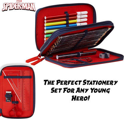 Marvel Pencil Case with Stationery Included School Supplies Filled Large Pencil Case Multiple Compartments Colouring Pencils Pens Boys Stationery Set Gifts for Boys (Spiderman Double Zip)