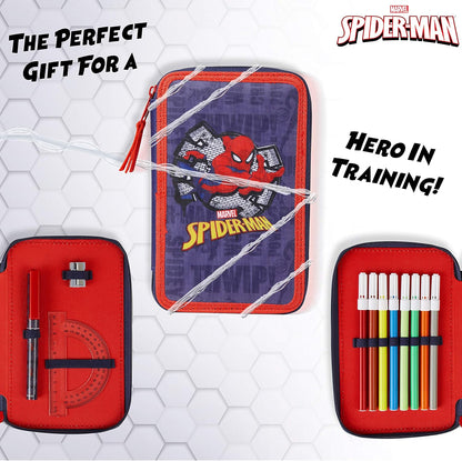 Marvel Pencil Case with Stationery Included School Supplies Filled Large Pencil Case Multiple Compartments Colouring Pencils Pens Boys Stationery Set Gifts for Boys (Spiderman Double Zip)
