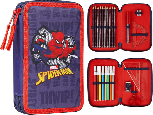 Marvel Pencil Case with Stationery Included School Supplies Filled Large Pencil Case Multiple Compartments Colouring Pencils Pens Boys Stationery Set Gifts for Boys (Spiderman Double Zip)